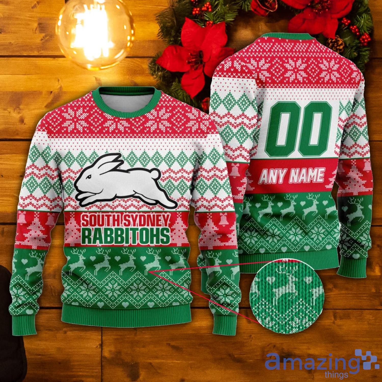 NRL South Sydney Rabbitohs Custom Name & Number Ugly Christmas Sweater Product Photo 1