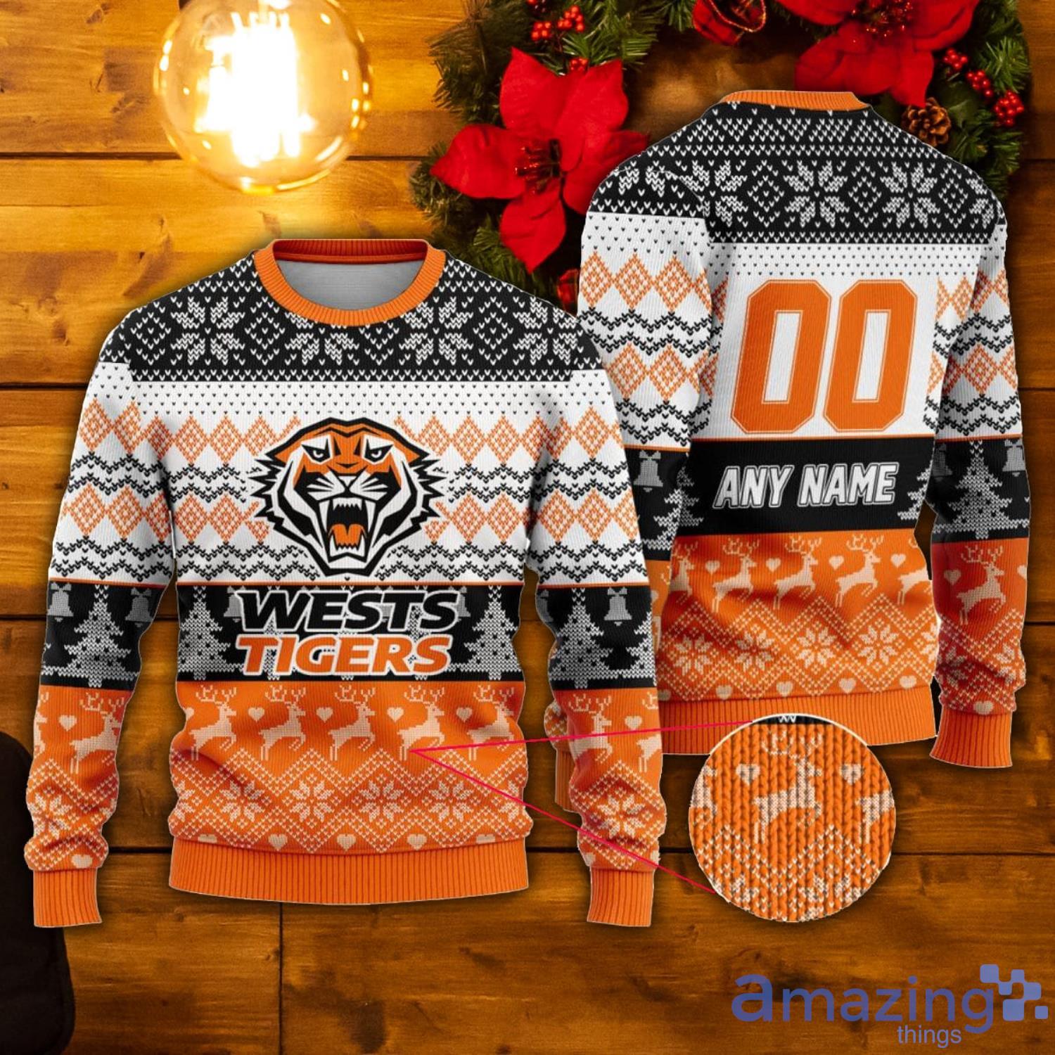 NRL Wests Tigers Custom Name & Number Ugly Christmas Sweater Product Photo 1