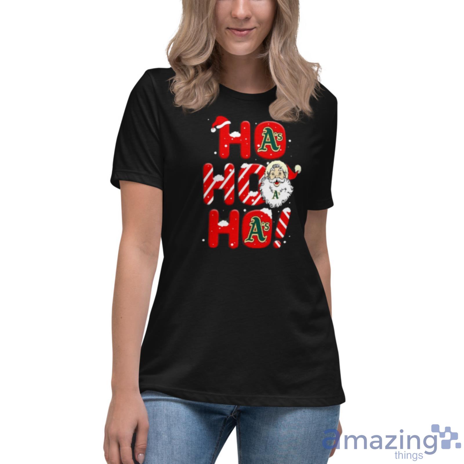 Oakland Athletics MLB Baseball Ho Ho Ho Santa Claus Merry Christmas Shirt image Oakland Athletics MLB Baseball Ho Ho Ho Santa Claus Merry Christmas Shirt - Womens Relaxed Short Sleeve Jersey Tee