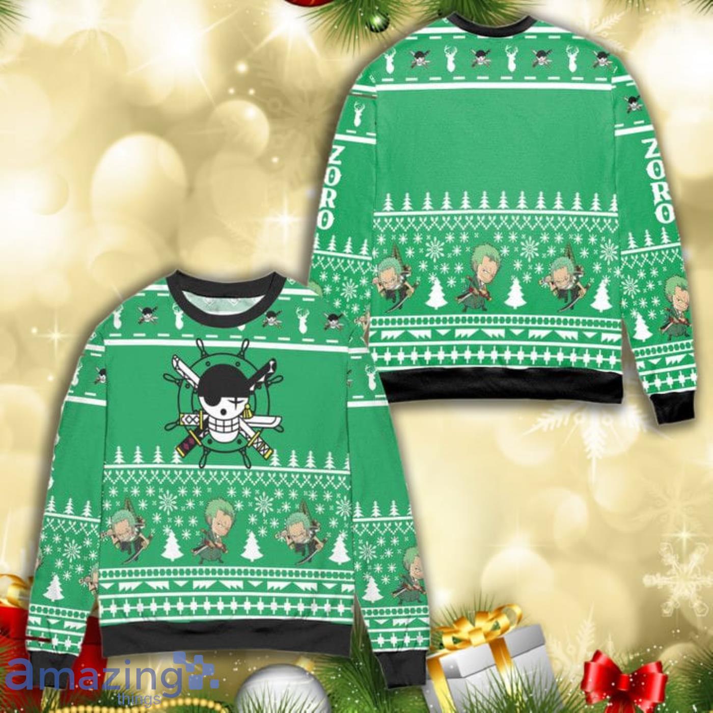 One Piece Jolly Roger Roronoa Zoro Knitting Pattern 3D Ugly Christmas Sweater Product Photo 1