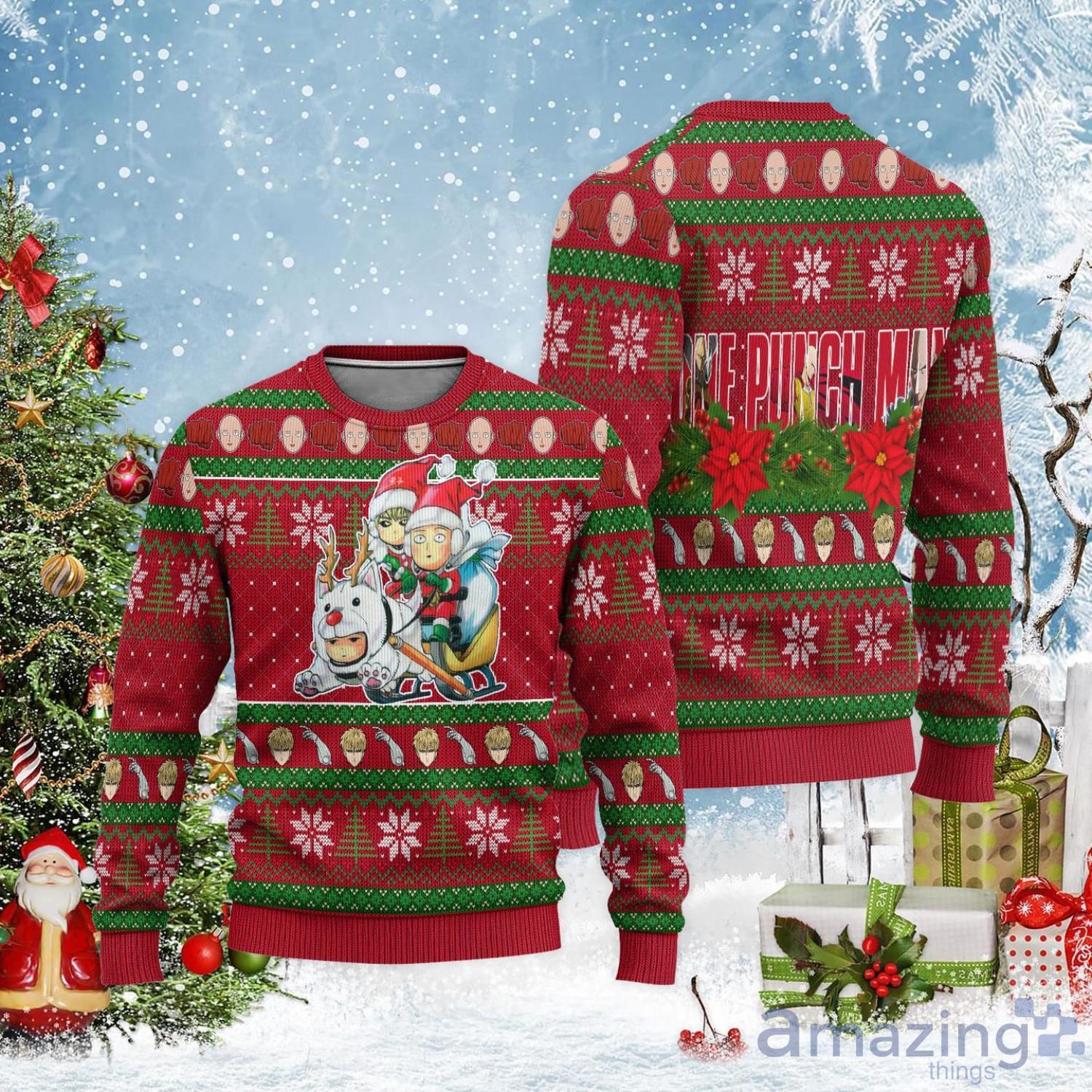 One Punch Man Ugly Christmas Sweater Saitama x Genos Christmas Gift For Anime Lover Product Photo 1