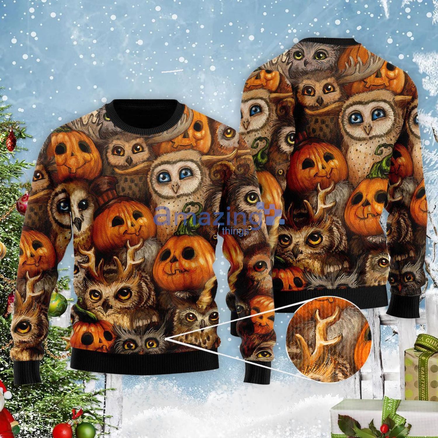 Owl And Pumpkin Halloween Christmas Gift Ugly Christmas Sweater Product Photo 1