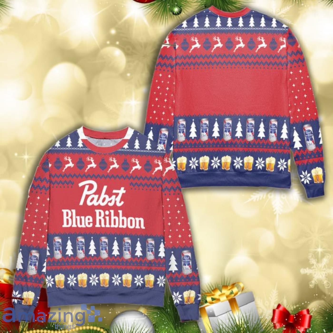 Pabst Blue Ribbon Beer Knitting Pattern 3D Ugly Christmas Sweater Product Photo 1
