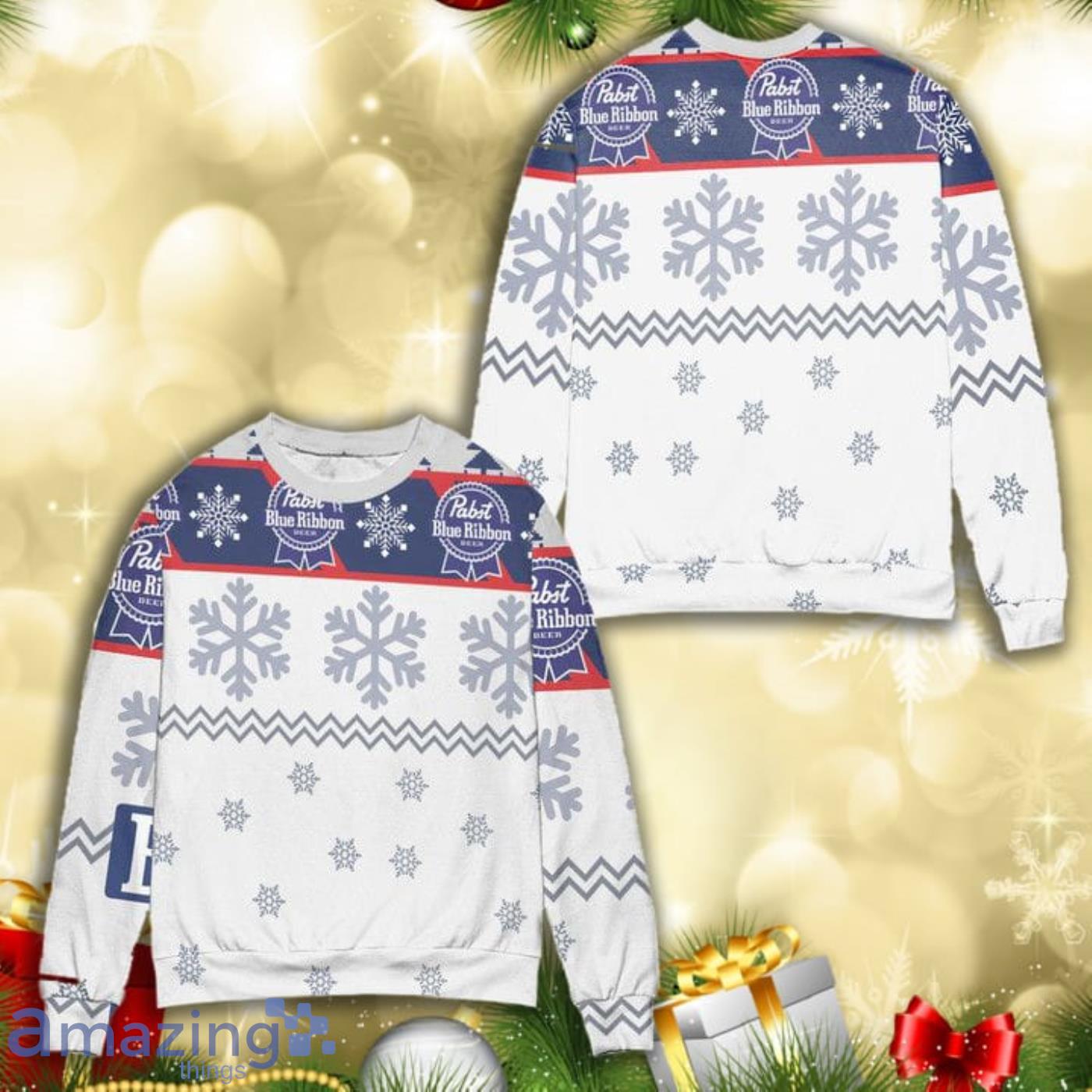 Pabst Blue Ribbon Snowflake Christmas Pattern Full Print Ugly Sweater Product Photo 1
