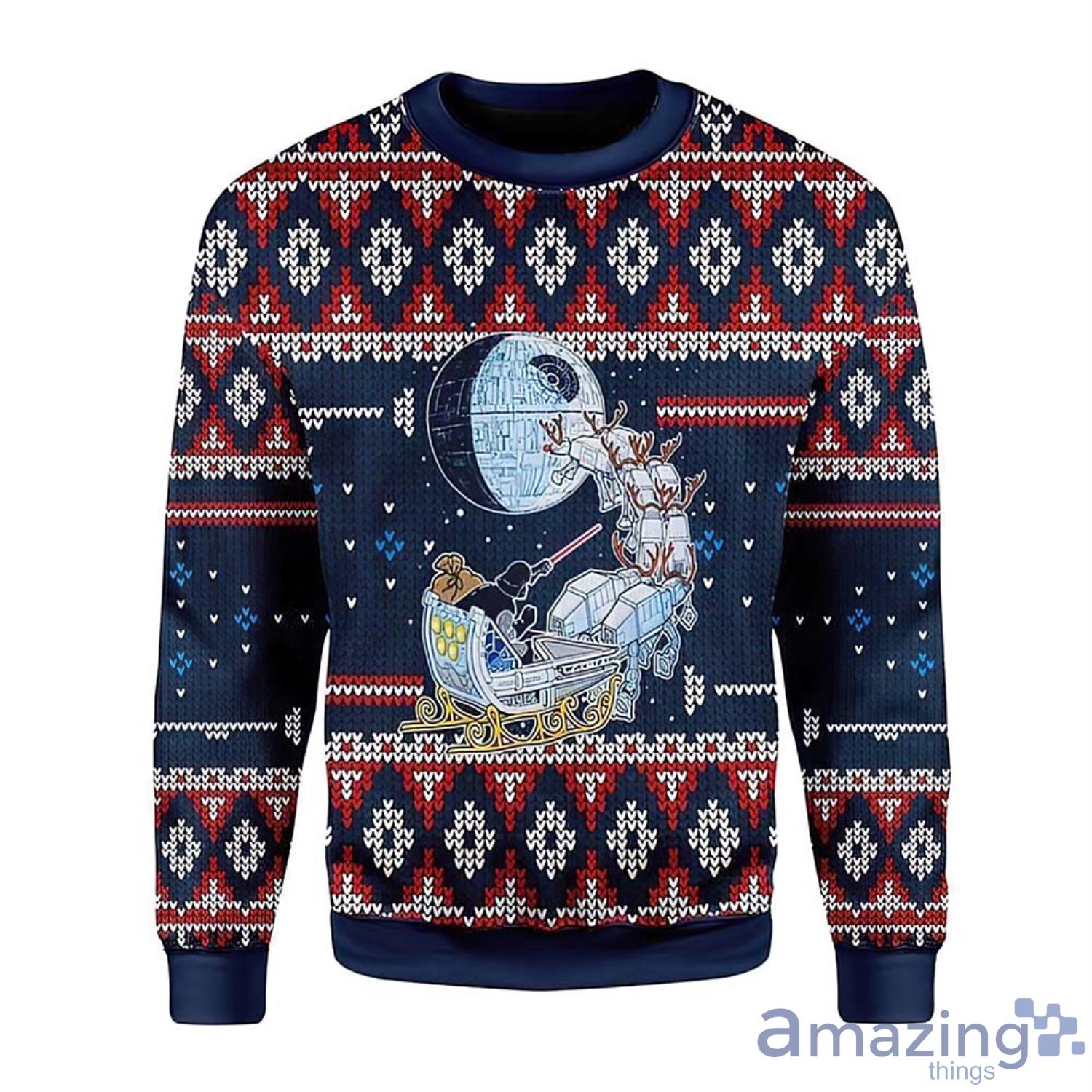 Patterns And Dark Santa Claus Riding Reindeer Christmas Gift Ugly Christmas Sweater Product Photo 1