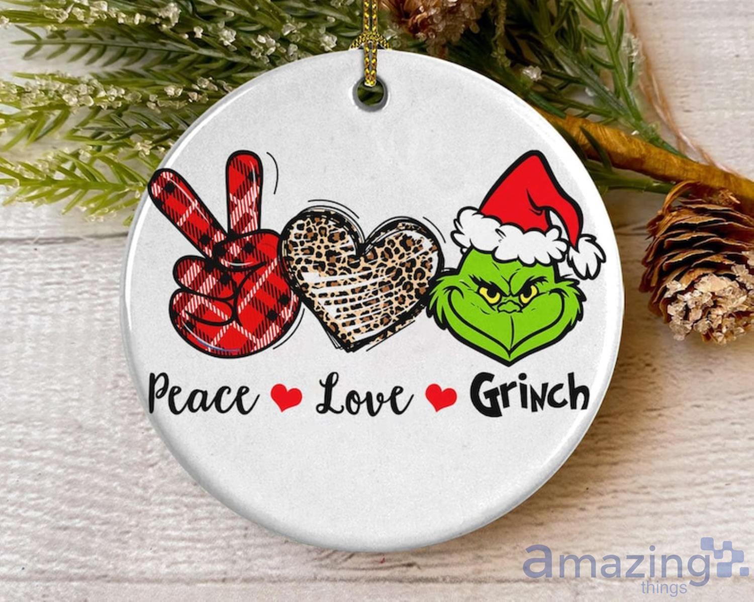 Peace Love Grinch Red Plaid Leopard Heart Christmas Ornament Product Photo 1