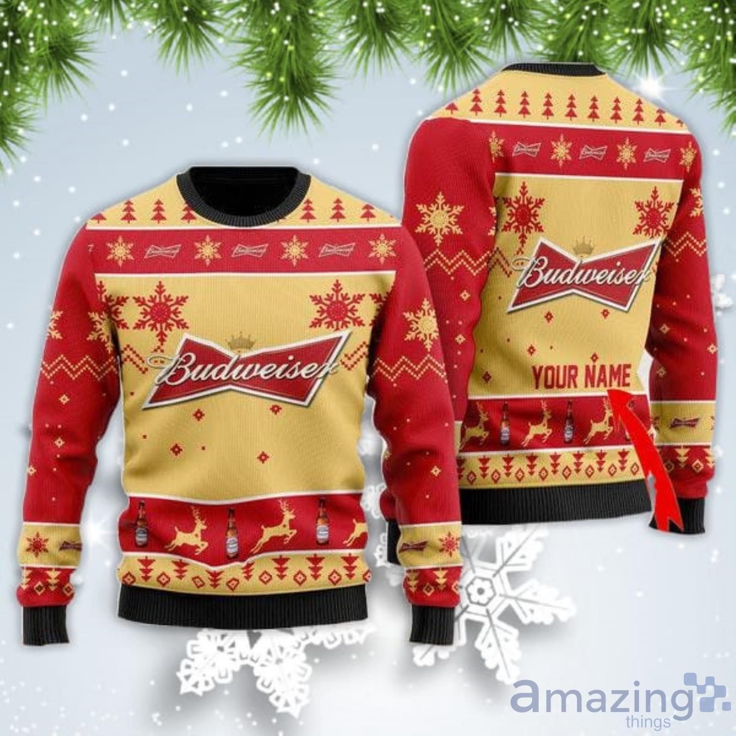 Personalized Name Budweiser Beer Christmas Gift Ugly Christmas Sweater Product Photo 1