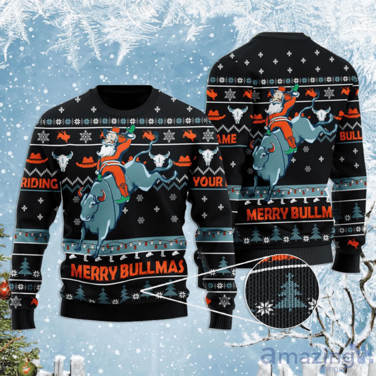 Personalized Name Bull Riding Bluemas Ugly Christmas Sweater Product Photo 1