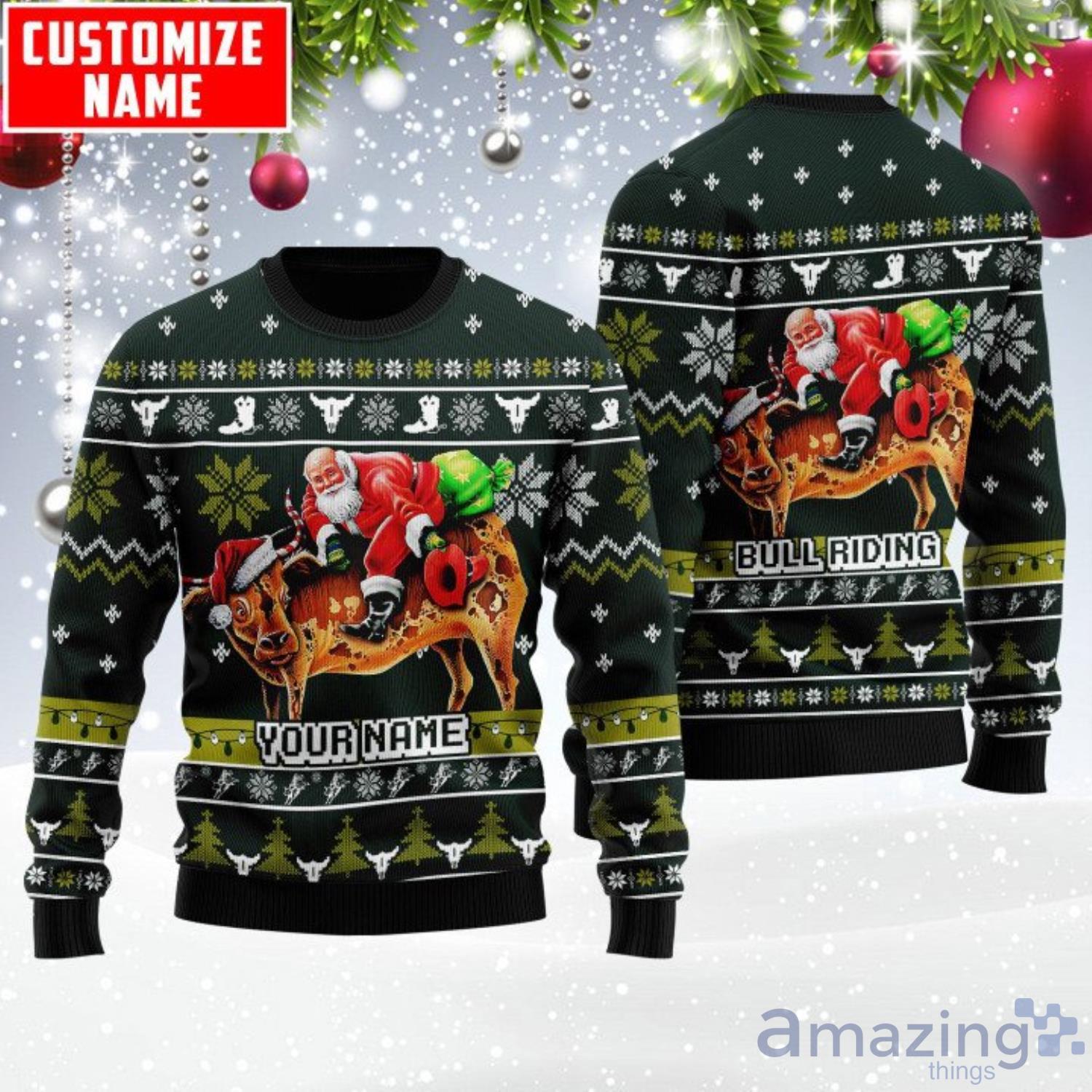 Personalized Name Bull Riding Green Ugly Christmas Sweater Product Photo 1