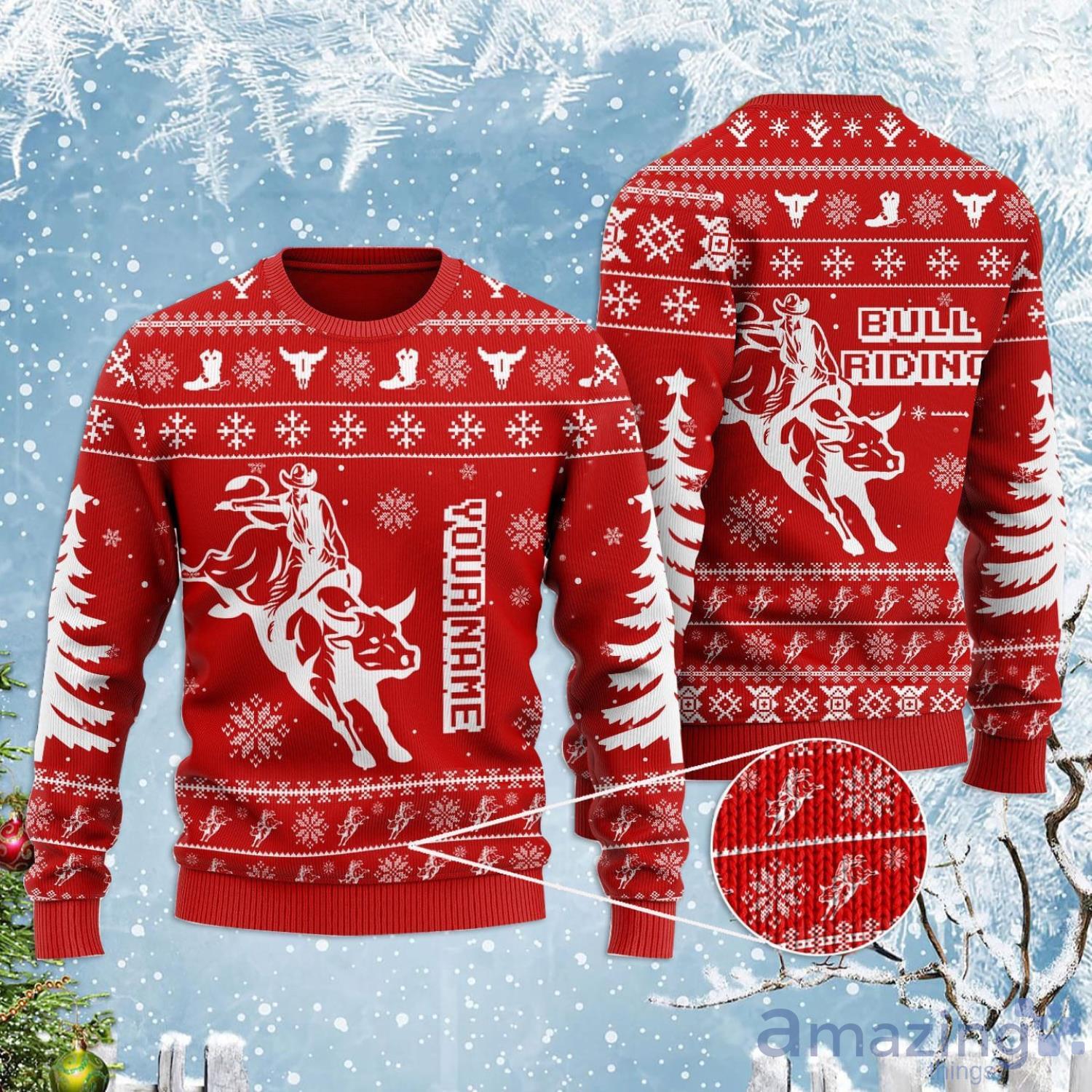 Personalized Name Bull Riding Red Ugly Christmas Sweater Product Photo 1