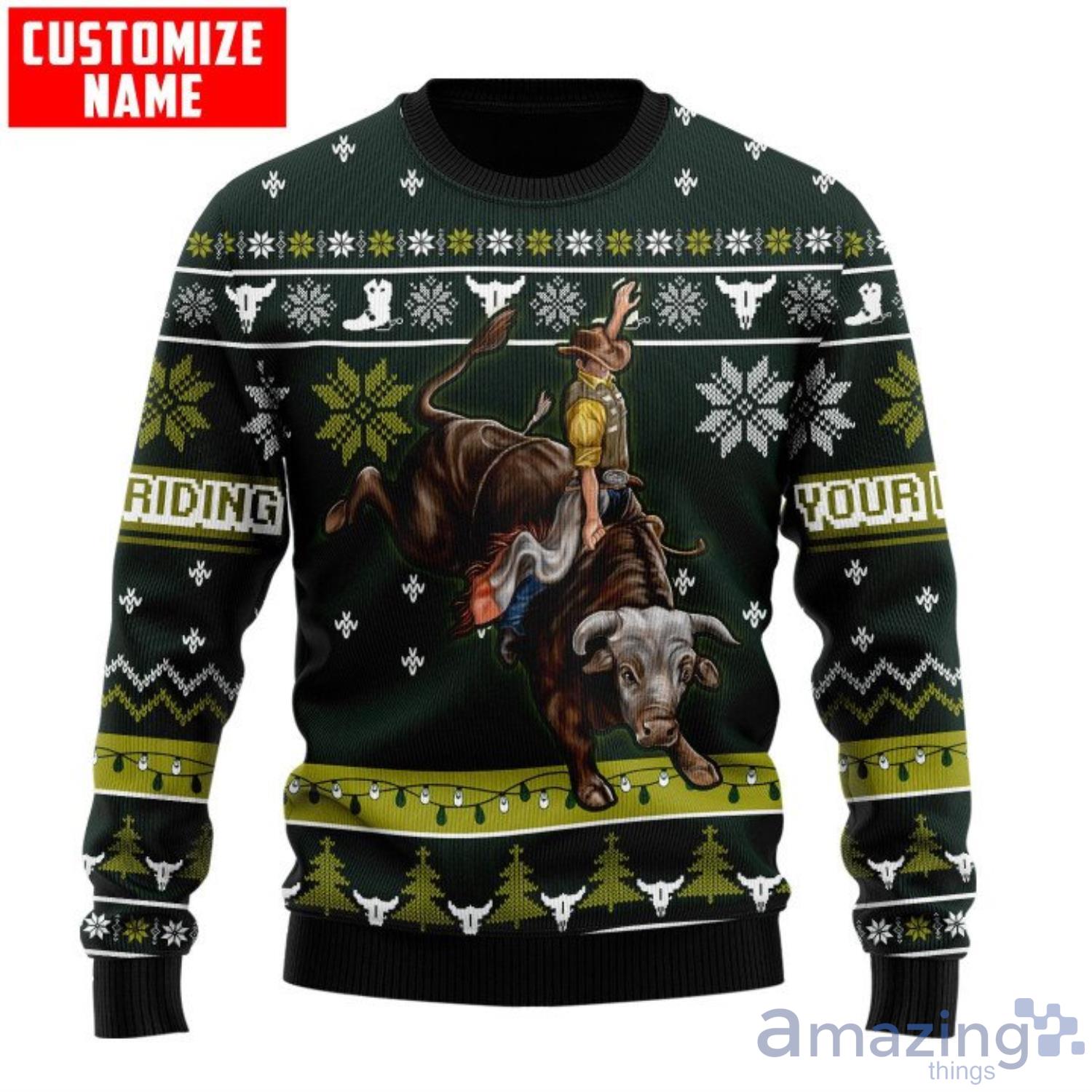 Personalized Name Bull Riding Ugly Christmas Sweater Product Photo 1