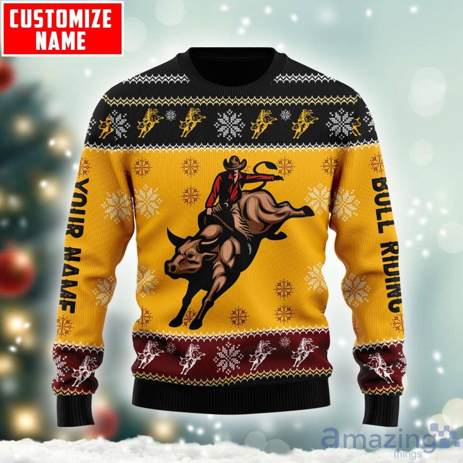 Personalized Name Bull Riding Yellow Ugly Christmas Sweater image Personalized Name Bull Riding Yellow Ugly Christmas Sweater Product Photo 2