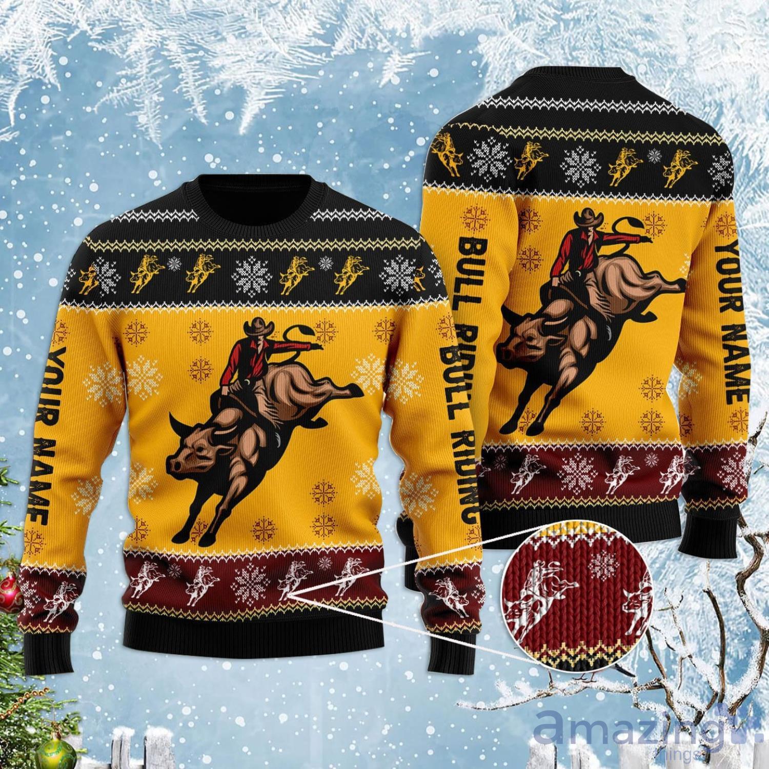 Personalized Name Bull Riding Yellow Ugly Christmas Sweater Product Photo 1 Personalized Name Bull Riding Yellow Ugly Christmas Sweater Product Photo 1