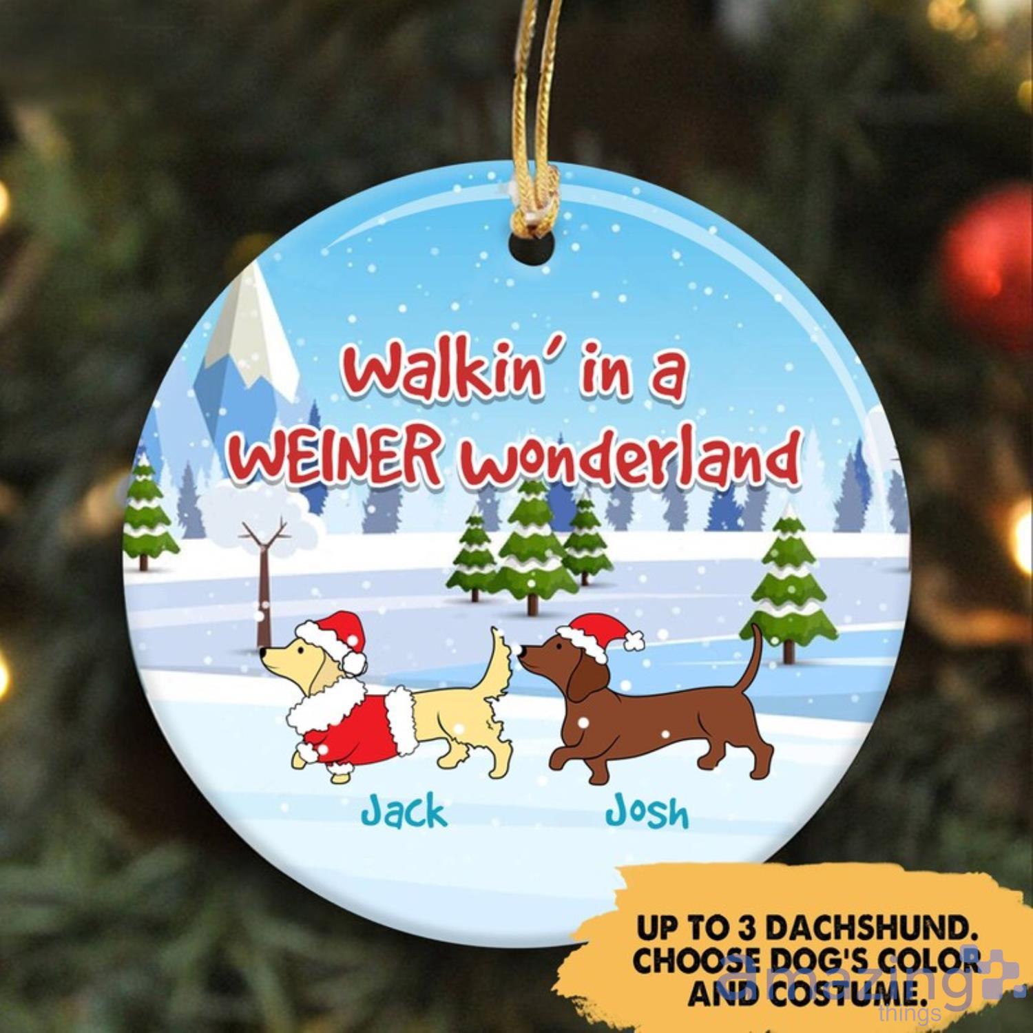 Personalized Name Dog Ornament Dachshund Ornament Winter Snow Scene Custom Dog Christmas Ornament Product Photo 1