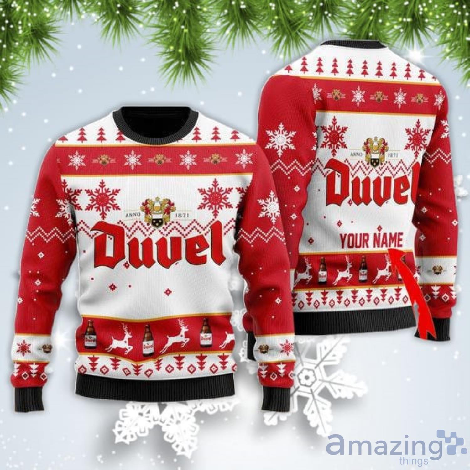 Personalized Name Funny Duvel Beer Christmas Gift Ugly Christmas Sweater Product Photo 1