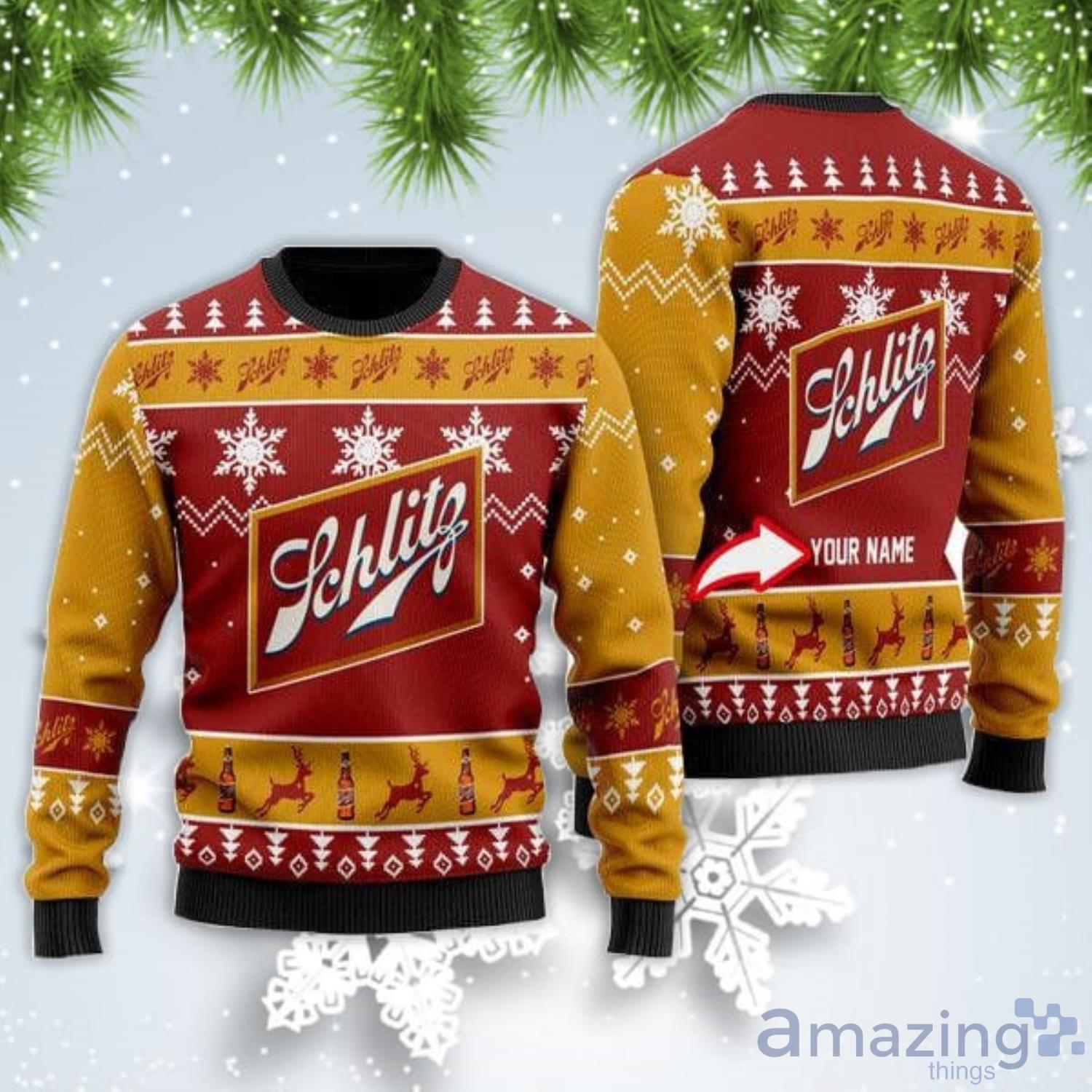 Personalized Name Funny Schlitz Beer Christmas Gift Ugly Christmas Sweater Product Photo 1