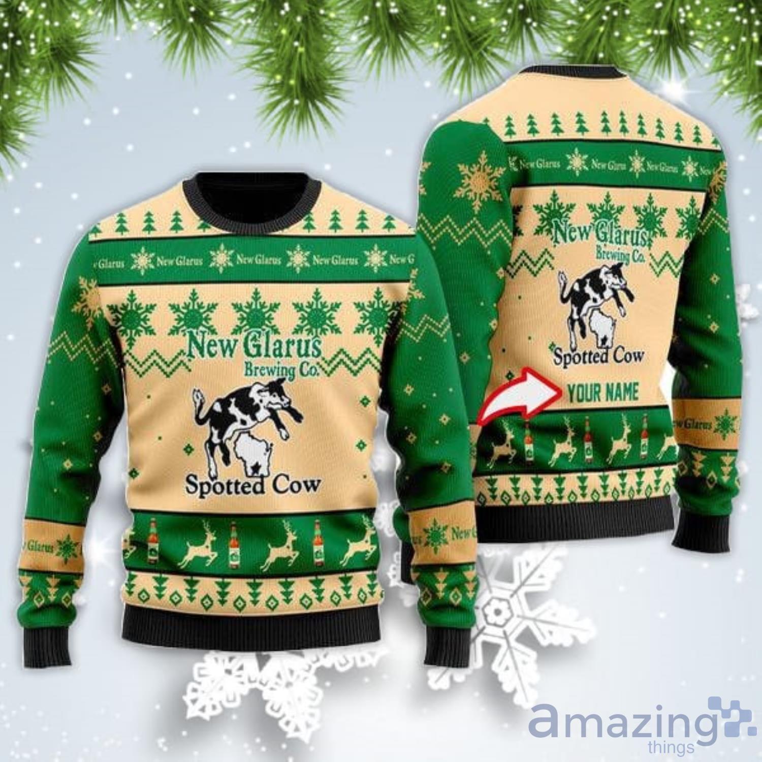 Personalized Name Funny Spotted Cow Beer Christmas Gift Ugly Christmas Sweater Product Photo 1