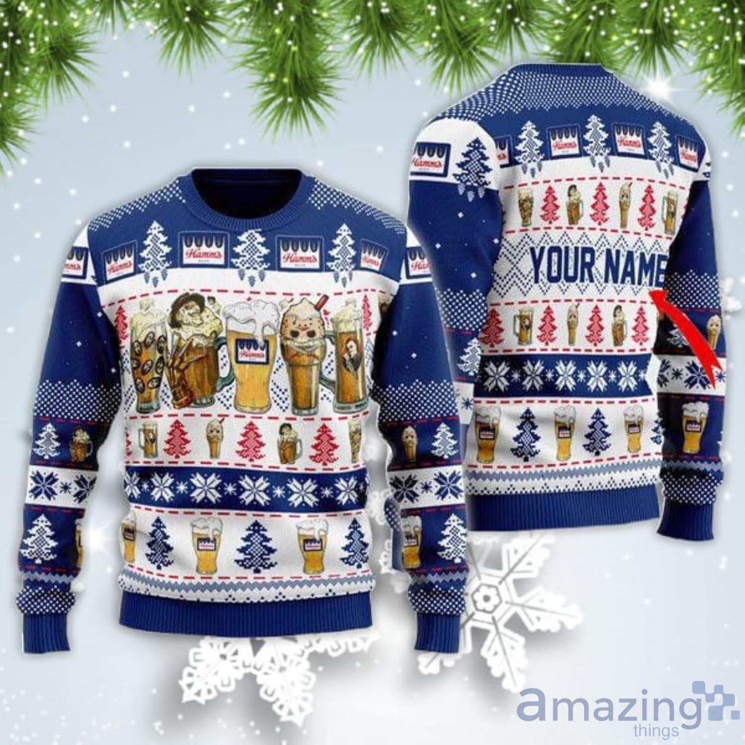 Personalized Name Horror Characters Hamm's Beer Christmas Gift Ugly Christmas Sweater Product Photo 1
