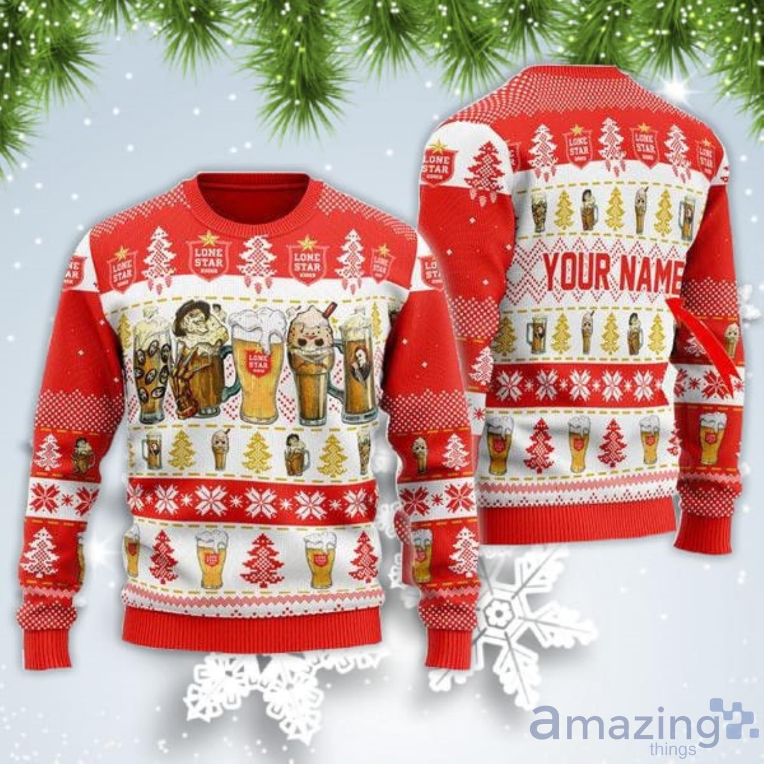Personalized Name Horror Characters Lone Star Beer Christmas Gift Ugly Christmas Sweater Product Photo 1