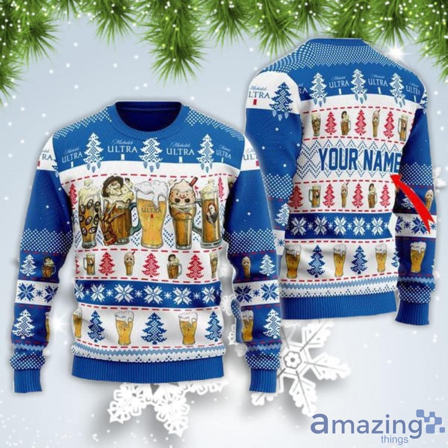 Personalized Name Horror Characters Michelob ULTRA Christmas Gift Ugly Christmas Sweater Product Photo 1
