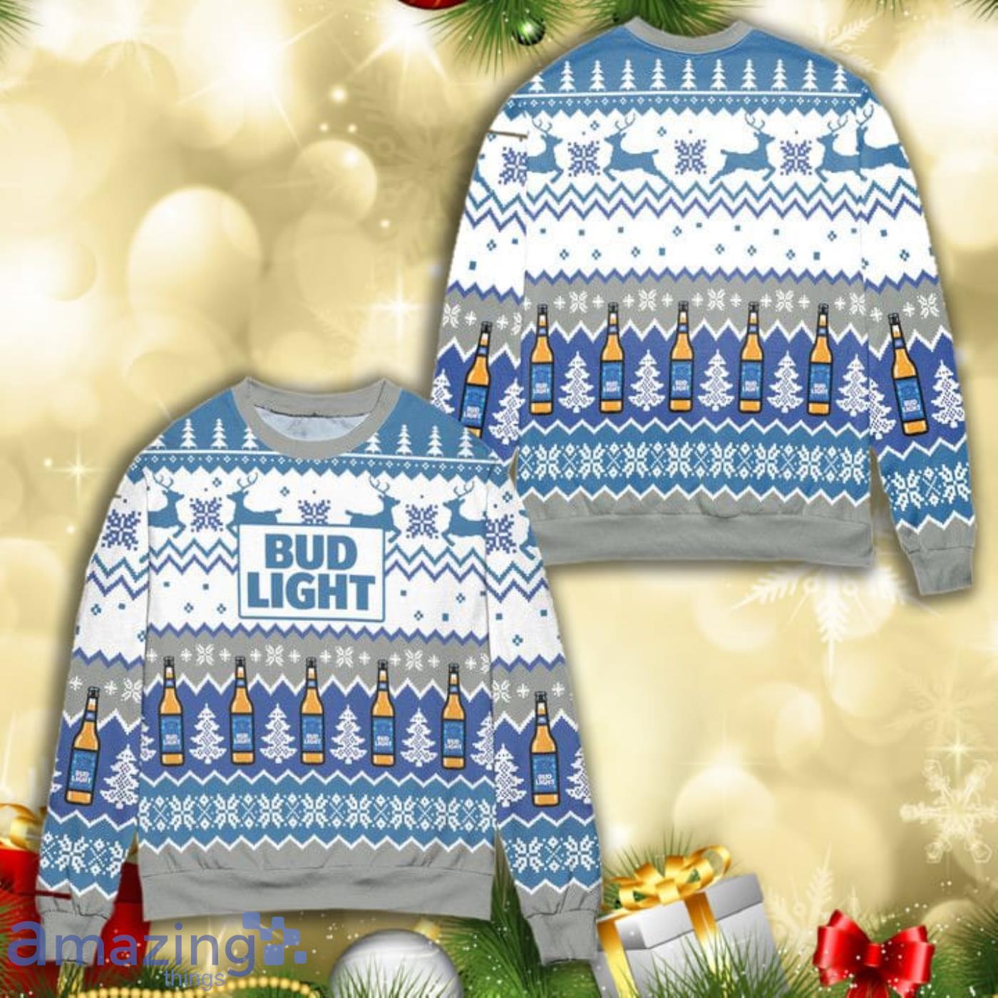 Pixel Bud Light Reindeer Snowflake Christmas Pattern Full Print Ugly Sweater Product Photo 1