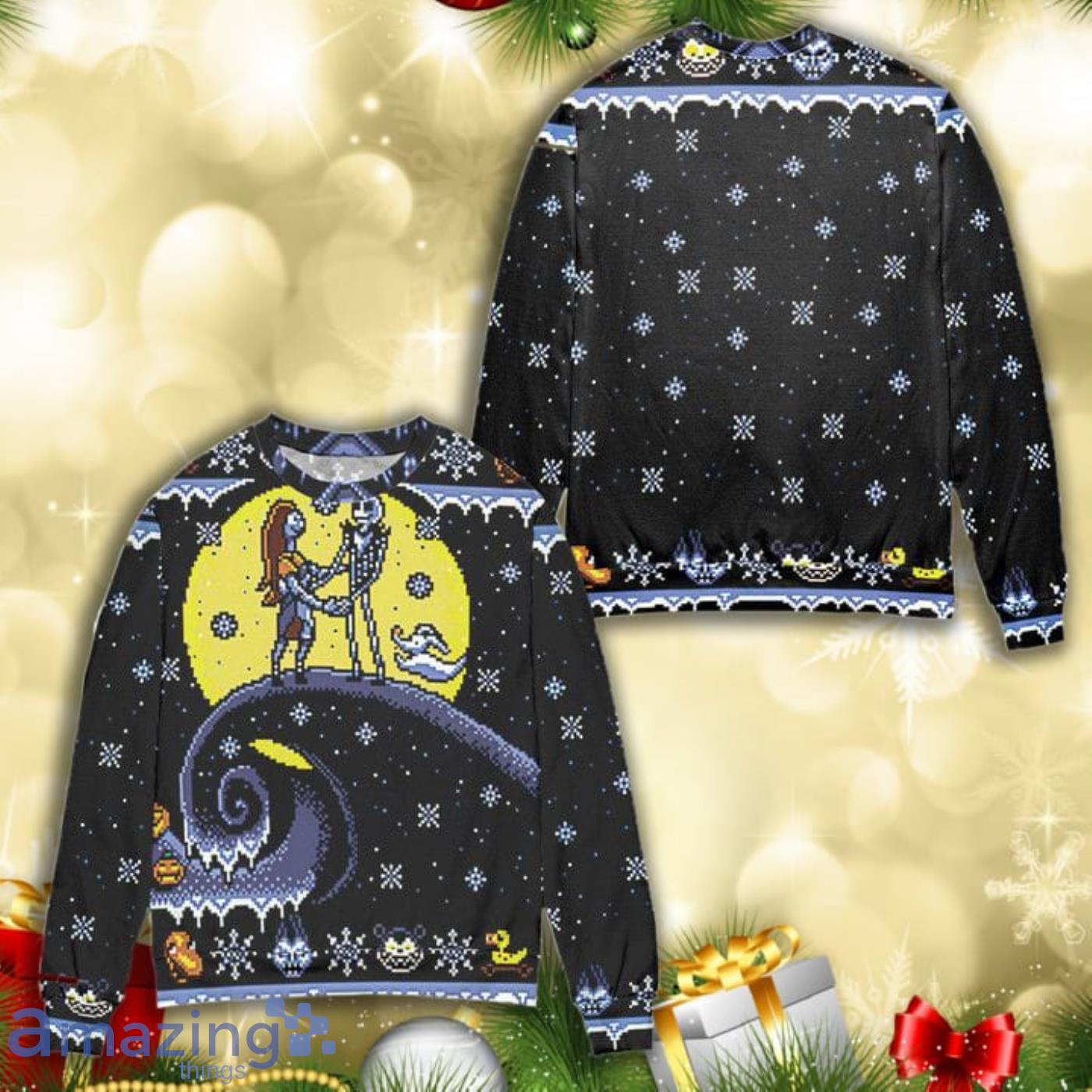 Pixel Jack And Sally Snowy Night Knitting Pattern 3D Ugly Christmas Sweater Product Photo 1