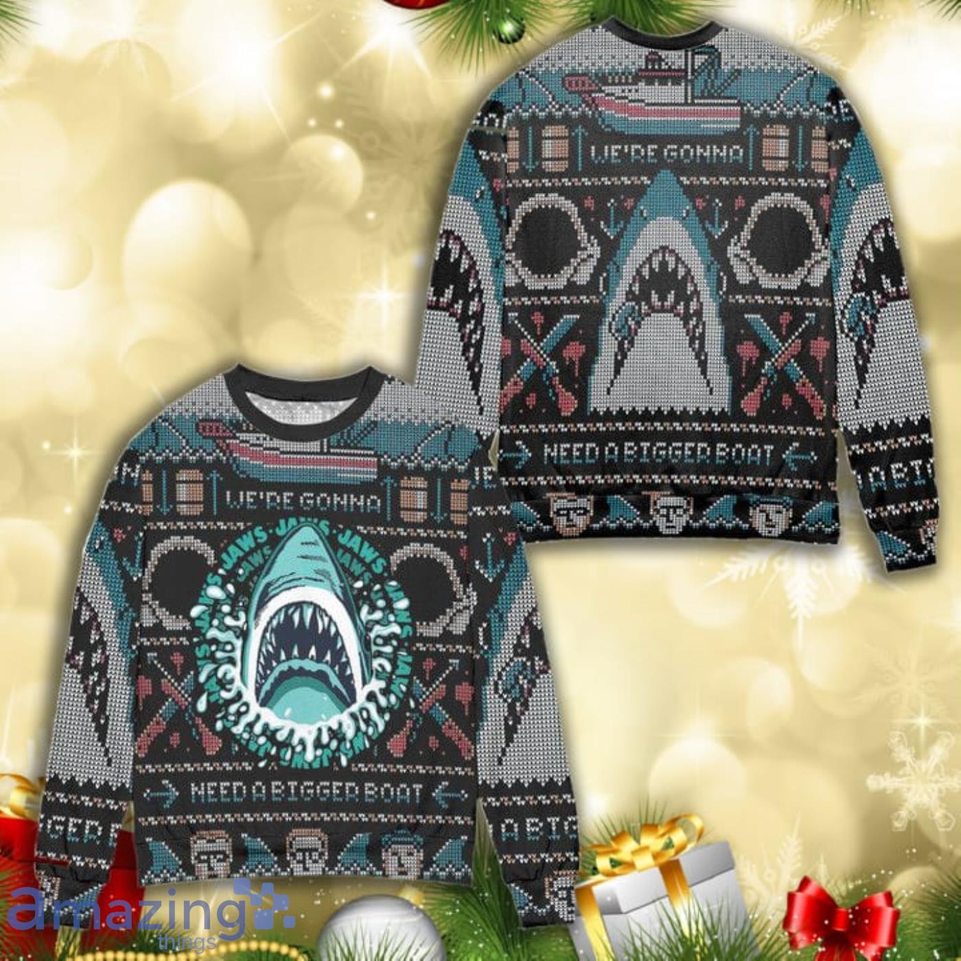Pixel Jaws Were Gonna Need A Bigger Boat Knitting Pattern 3D Ugly Christmas Sweater Product Photo 1