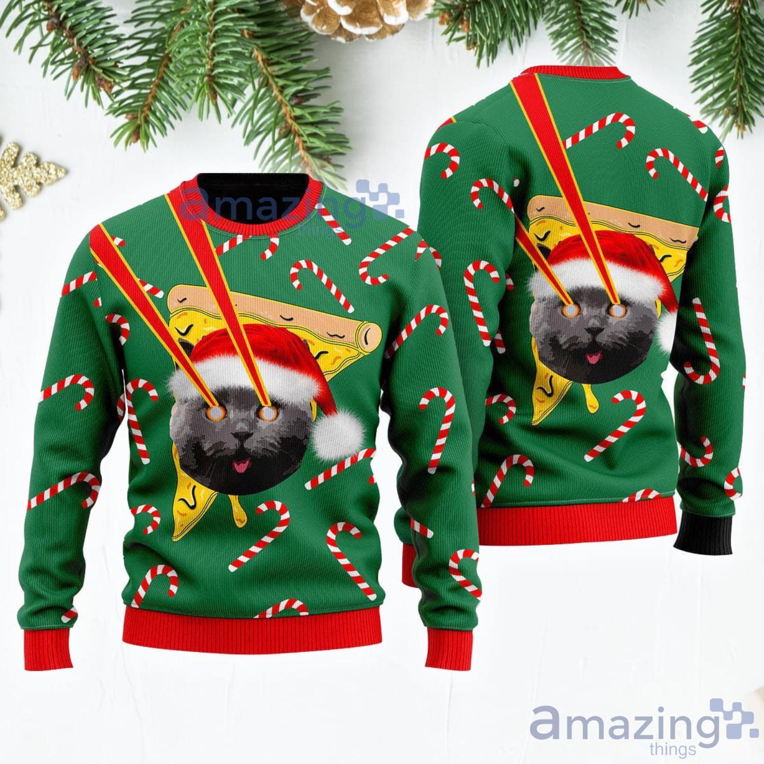 Pizza Cat With Laser Eyes Candy Cane Special Holiday Christmas Sweater Product Photo 1