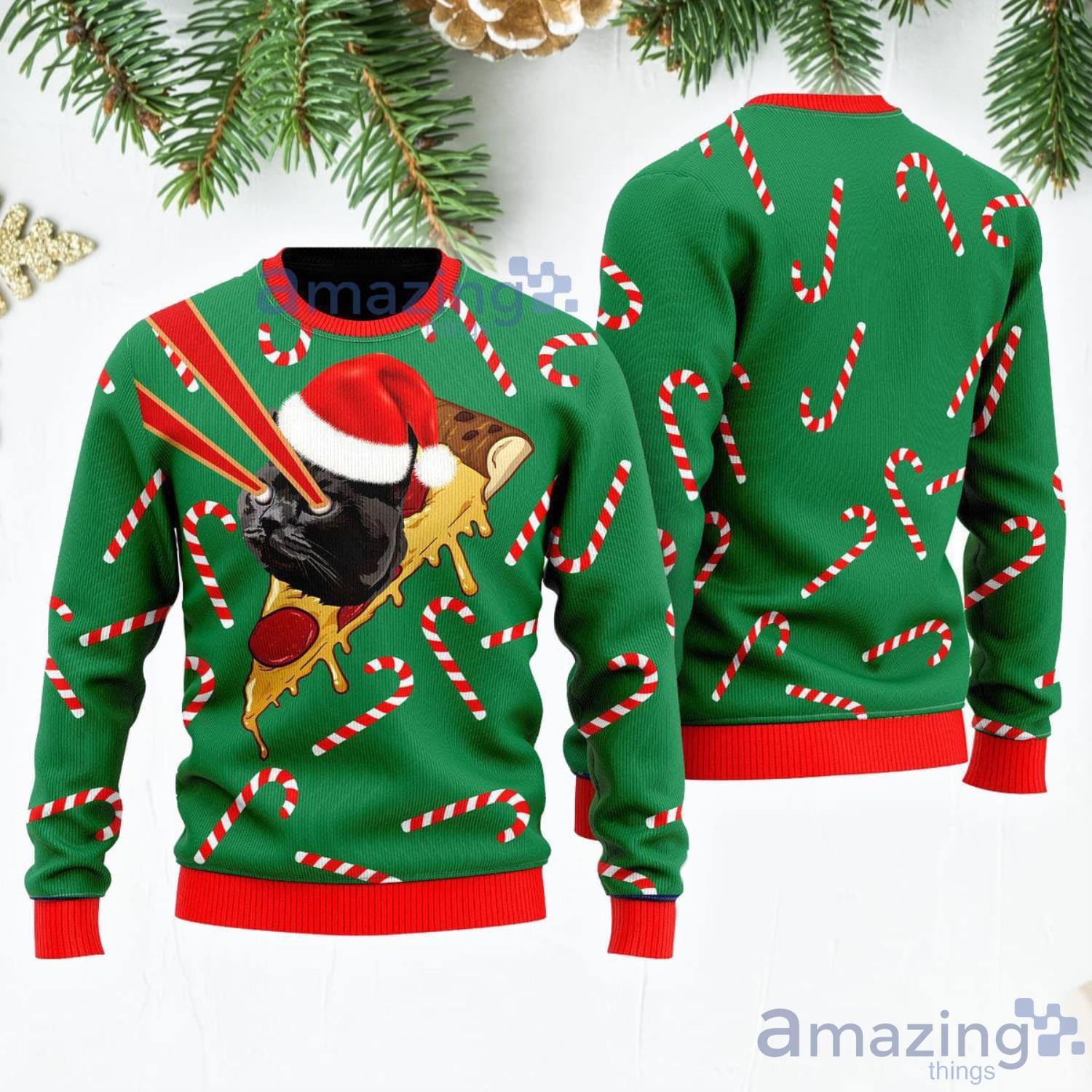 Pizza Cat With Laser Eyes Candy Cane Ugly Christmas Sweater Product Photo 1