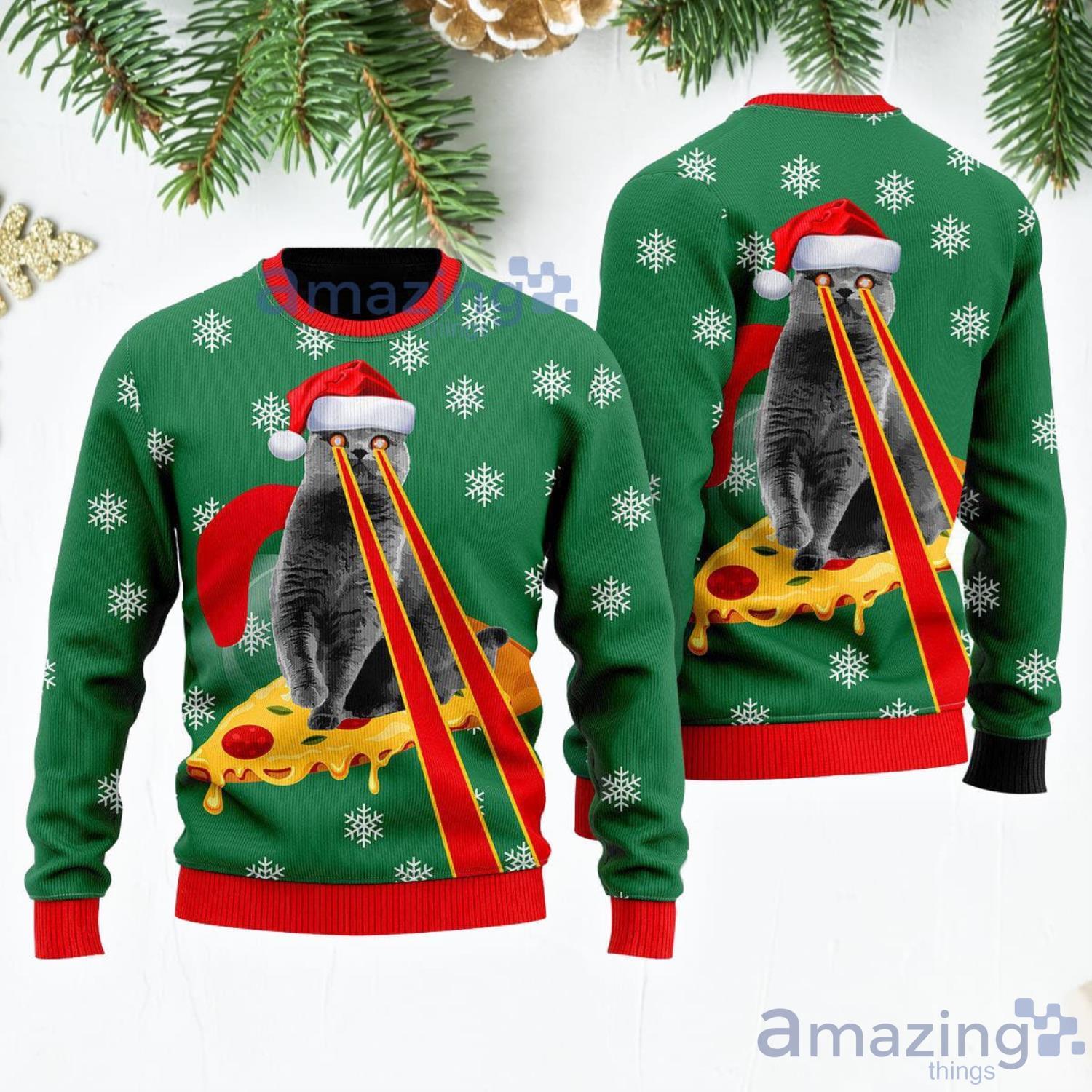 Pizza Cat With Laser Eyes Christmas Snowflake Pattren Ugly Christmas Sweater1 Product Photo 1
