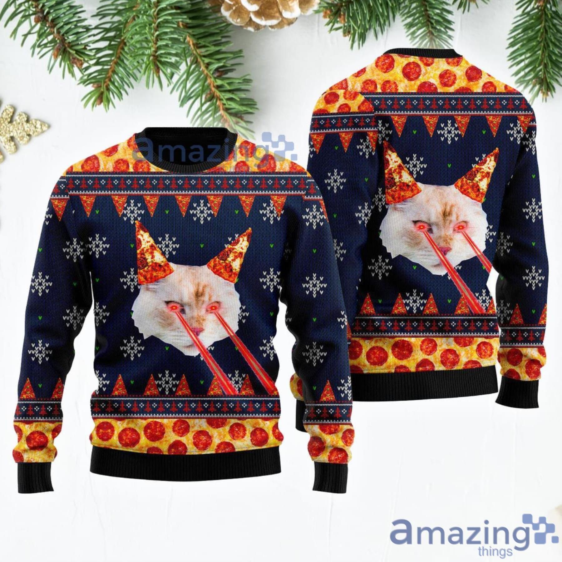 Pizza Cat With Laser Eyes Pizza Lover Ugly Christmas Sweater Product Photo 1