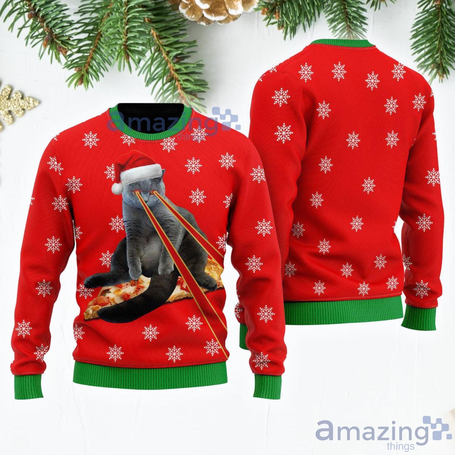 Pizza Cat With Laser Eyes Snowflake Pattren Merry Christmas Red Ugly Christmas Sweater Product Photo 1