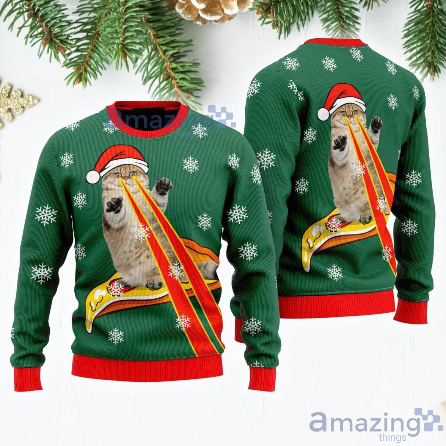 Pizza Cat With Laser Eyes Snowflake Pattren Ugly Christmas Sweater Product Photo 1