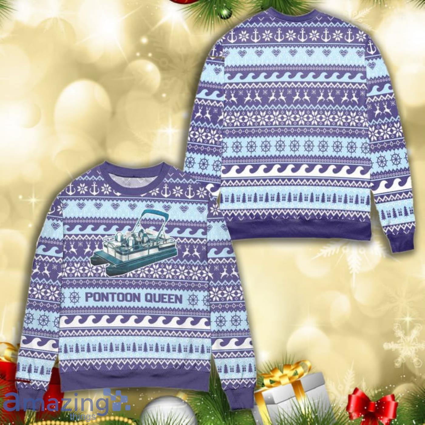 Pontoon Queen Penguin Snowflake Knitting Pattern 3D Ugly Christmas Sweater Product Photo 1