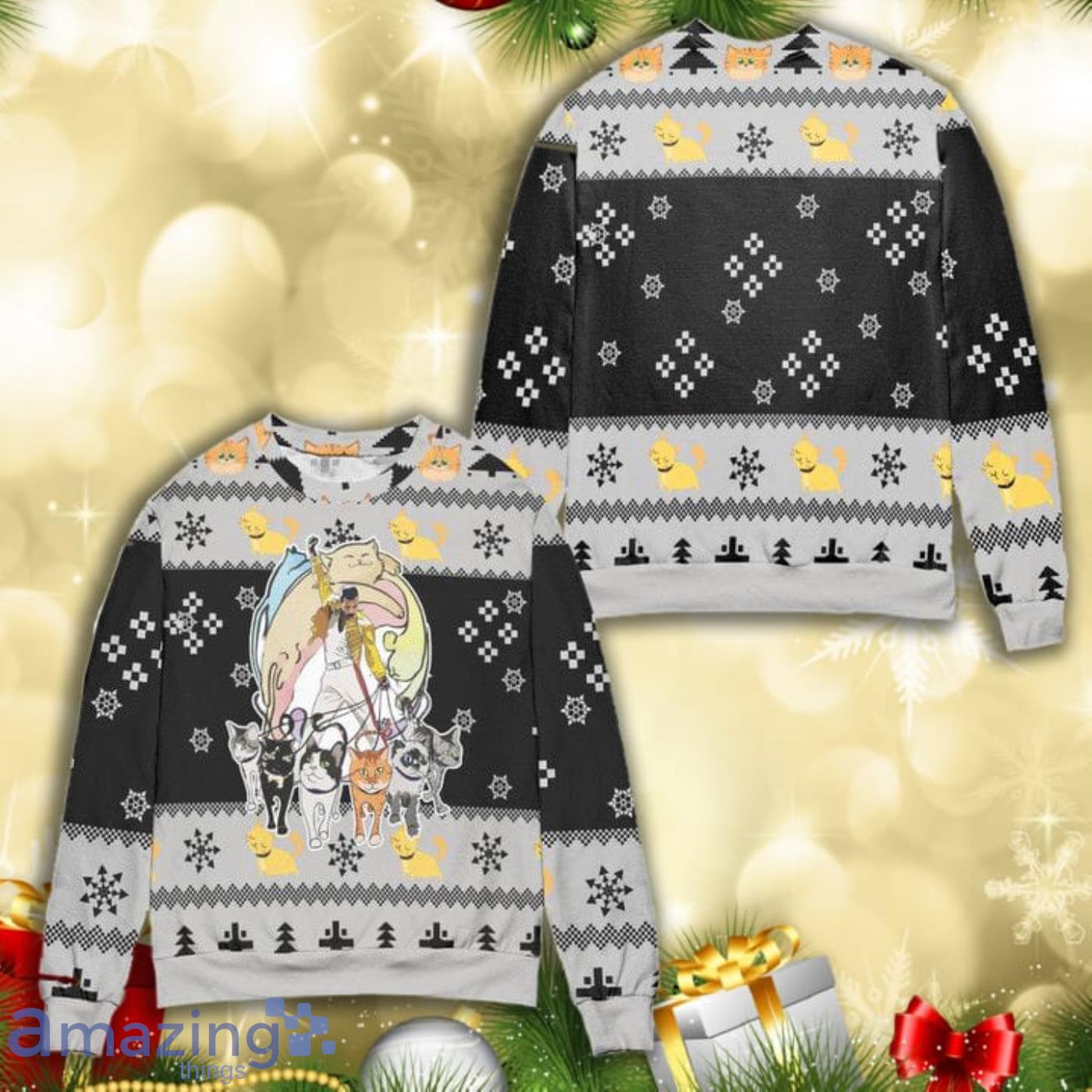 Queens Freddie Mercury Cats Knitting Pattern 3D Ugly Christmas Sweater Product Photo 1