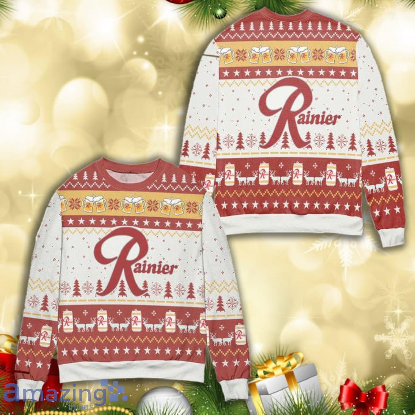 Rainier Beer Reindeer Pine Tree Christmas Pattern Full Print Ugly Sweater Product Photo 1