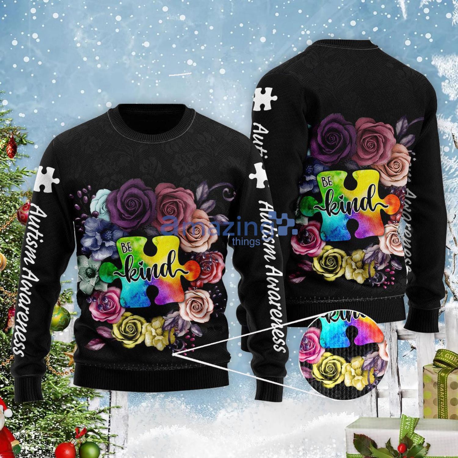 Rose Be Kind Autism Awareness Christmas Gift Ugly Christmas Sweater Product Photo 1