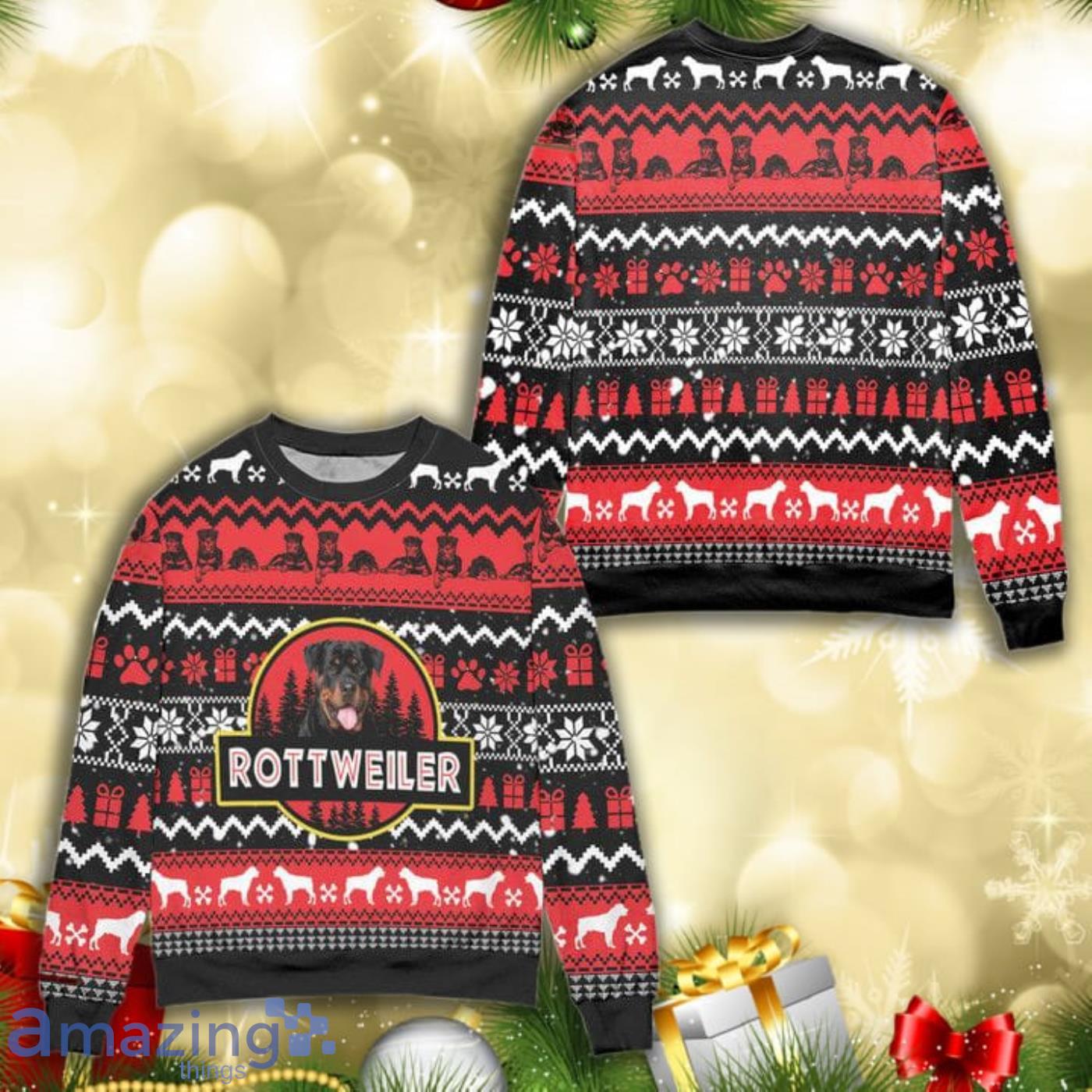 Rottweiler Dog Knitting Pattern 3D Ugly Christmas Sweater Product Photo 1