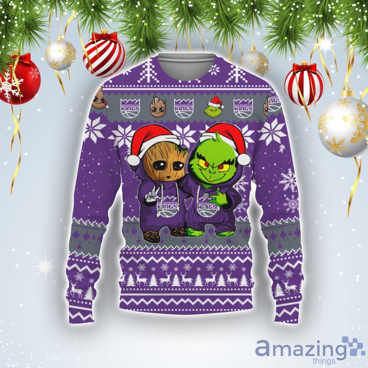 Sacramento Kings Baby Groot And Grinch Best Friends Football American Ugly Christmas Sweater Product Photo 1