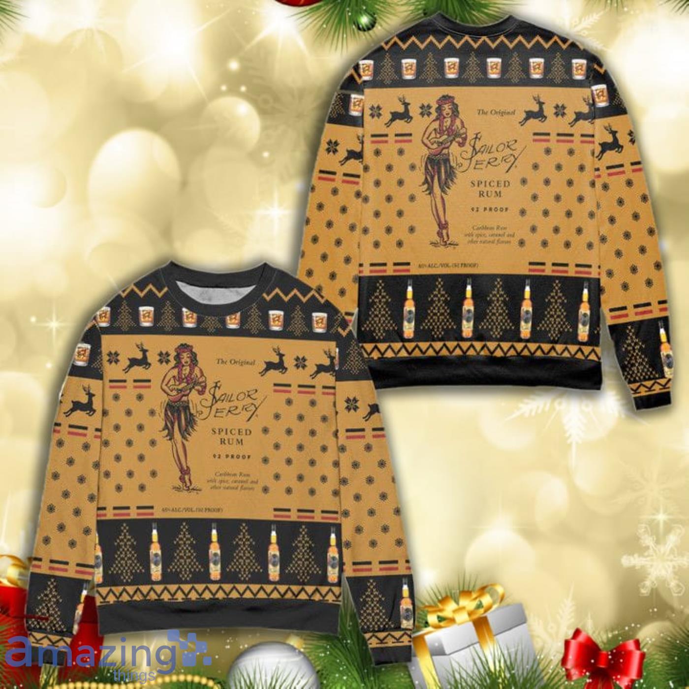 Sailor Jerry Spiced Rum Snowflake And Reindeer Pattern 3D Ugly Christmas Sweater Product Photo 1