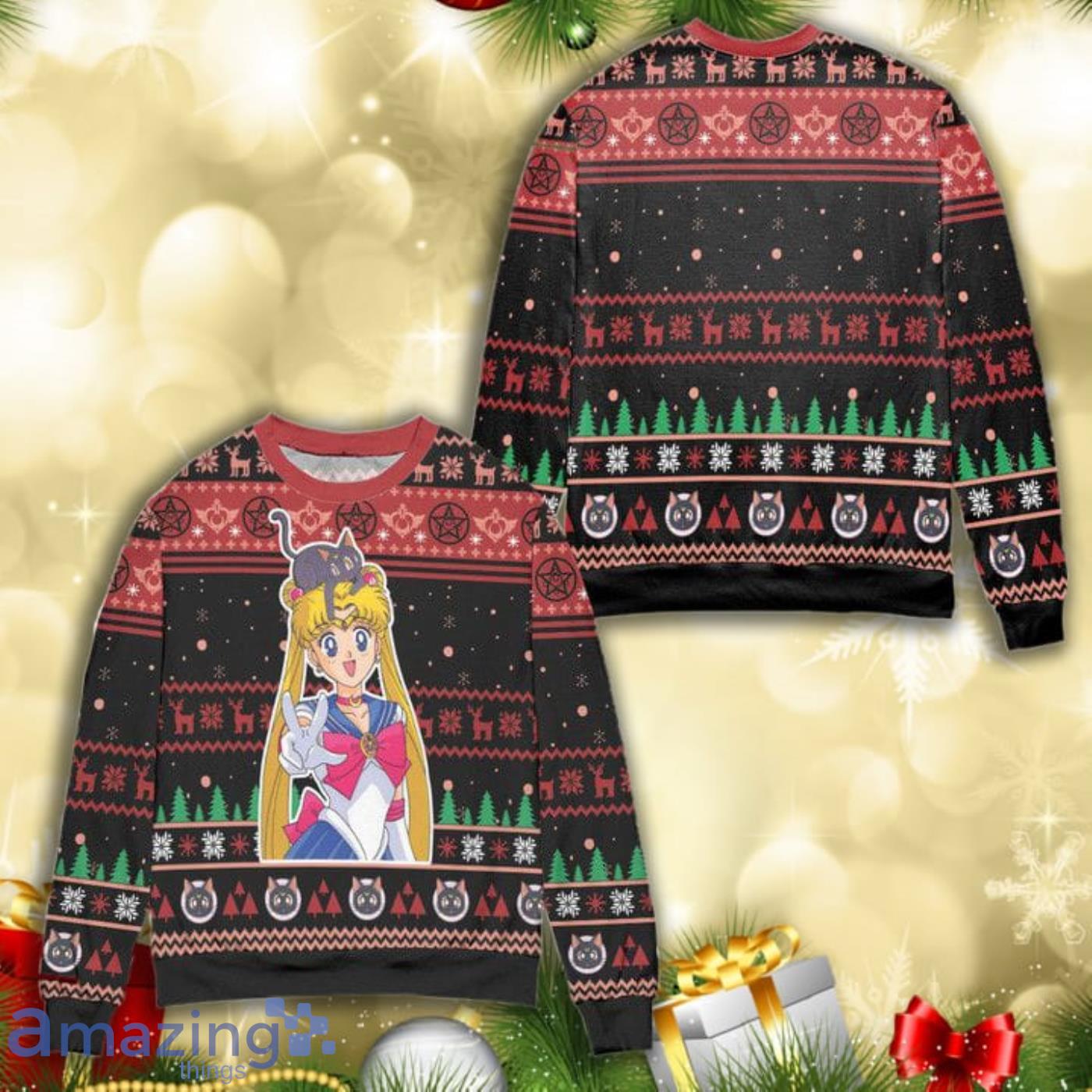 Sailor Moon Snowflake And Pine Tree Knitting Pattern 3D Ugly Christmas Sweater Product Photo 1