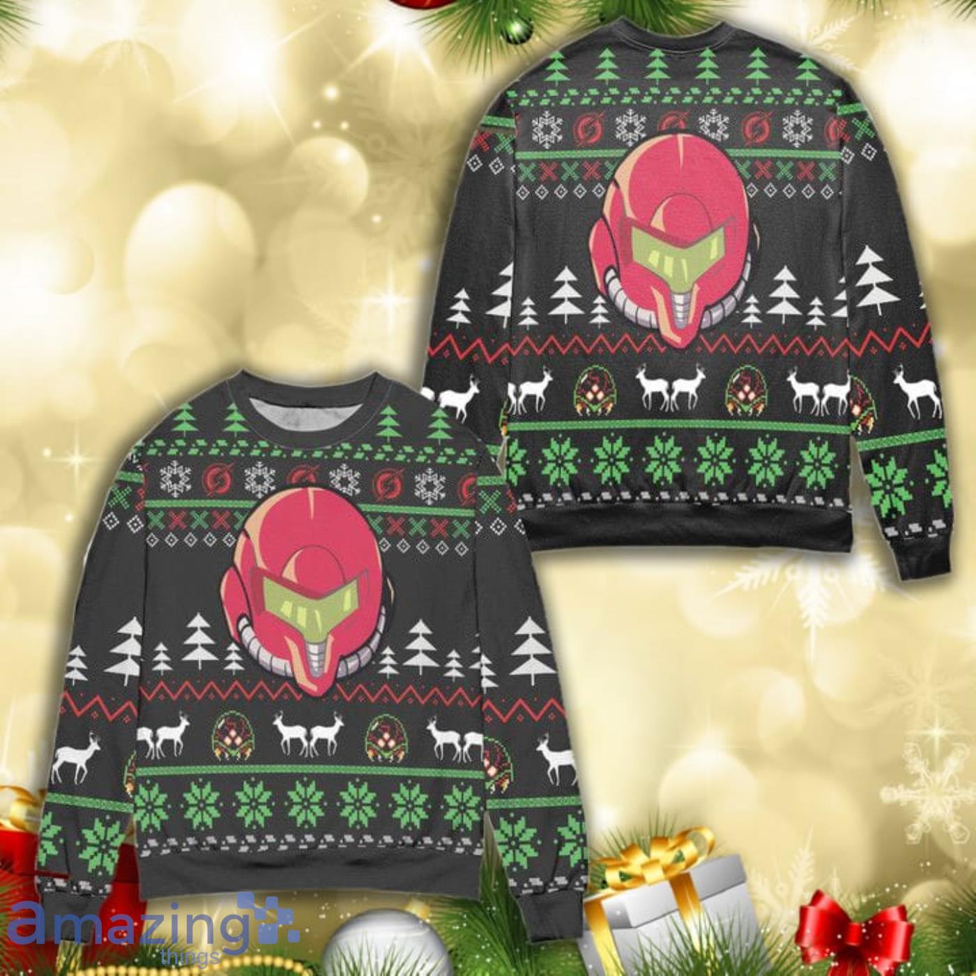 Samus Aran Helmet Pine Tree Christmas Pattern Full Print Ugly Sweater Product Photo 1