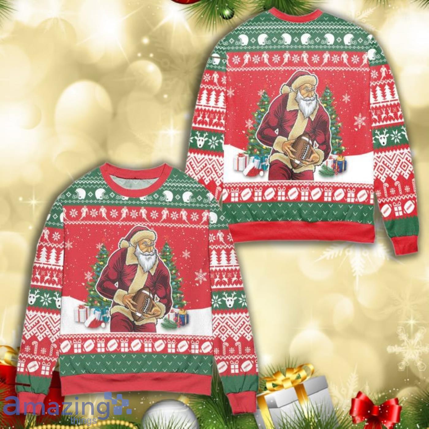 Santa Claus Football Snowflake Christmas Pattern Full Print Ugly Sweater Product Photo 1