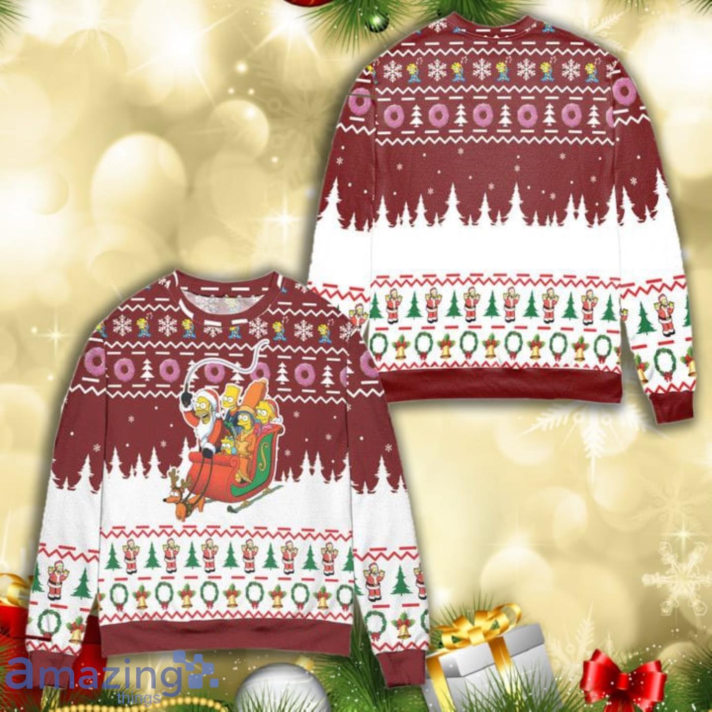 Santa Claus The Simpsons Version Snowflake Pine Tree Christmas Pattern Full Print Ugly Sweater Product Photo 1