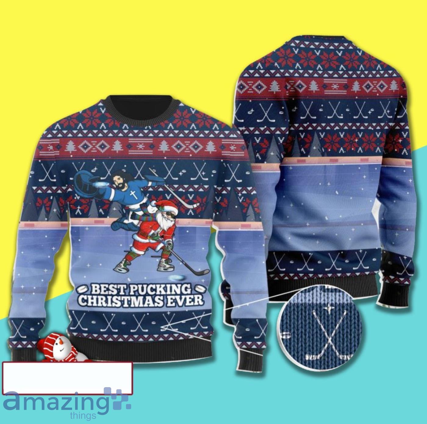 Santa Clause Hockey Best Pucking Ever Vintage Pattern Full Print Ugly Christmas Sweater Product Photo 1