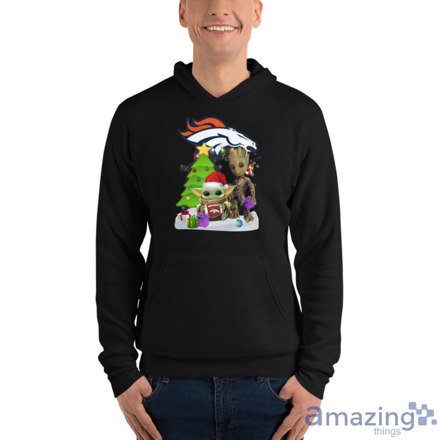 Santa Groot and Baby Yoda hug Denver Broncos Snow Christmas Tree Shirt image Santa Groot and Baby Yoda hug Denver Broncos Snow Christmas Tree Shirt - Unisex Fleece Pullover Hoodie