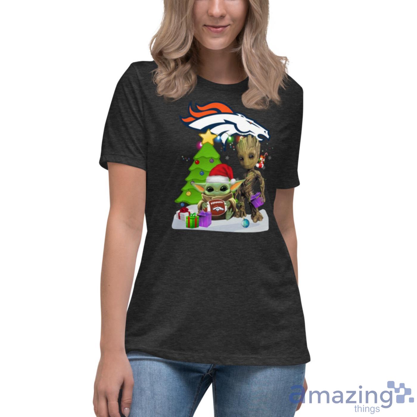Santa Groot and Baby Yoda hug Denver Broncos Snow Christmas Tree Shirt image Santa Groot and Baby Yoda hug Denver Broncos Snow Christmas Tree Shirt - Womens Relaxed Short Sleeve Jersey Tee-1