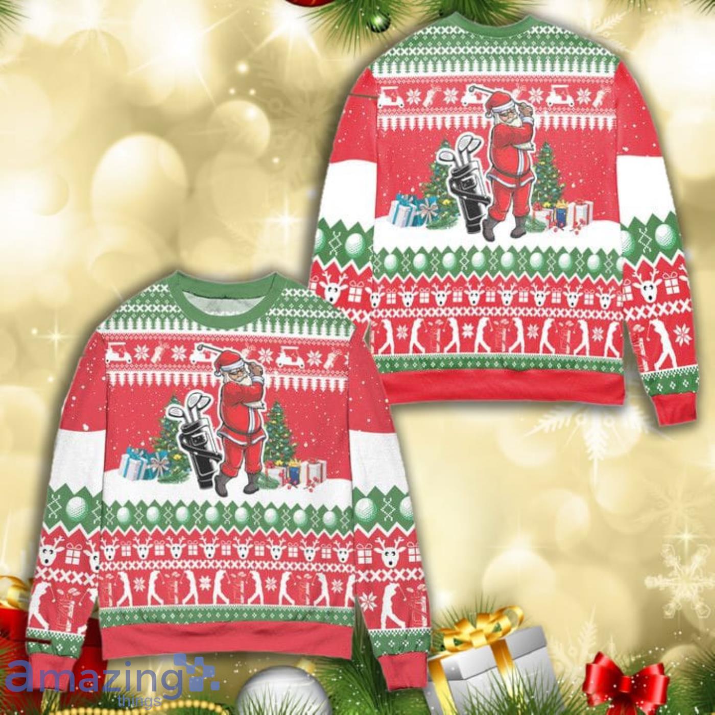 Santa Playing Golf Reindeer Christmas Pattern Full Print Ugly Sweater Product Photo 1 Santa Playing Golf Reindeer Christmas Pattern Full Print Ugly Sweater Product Photo 1