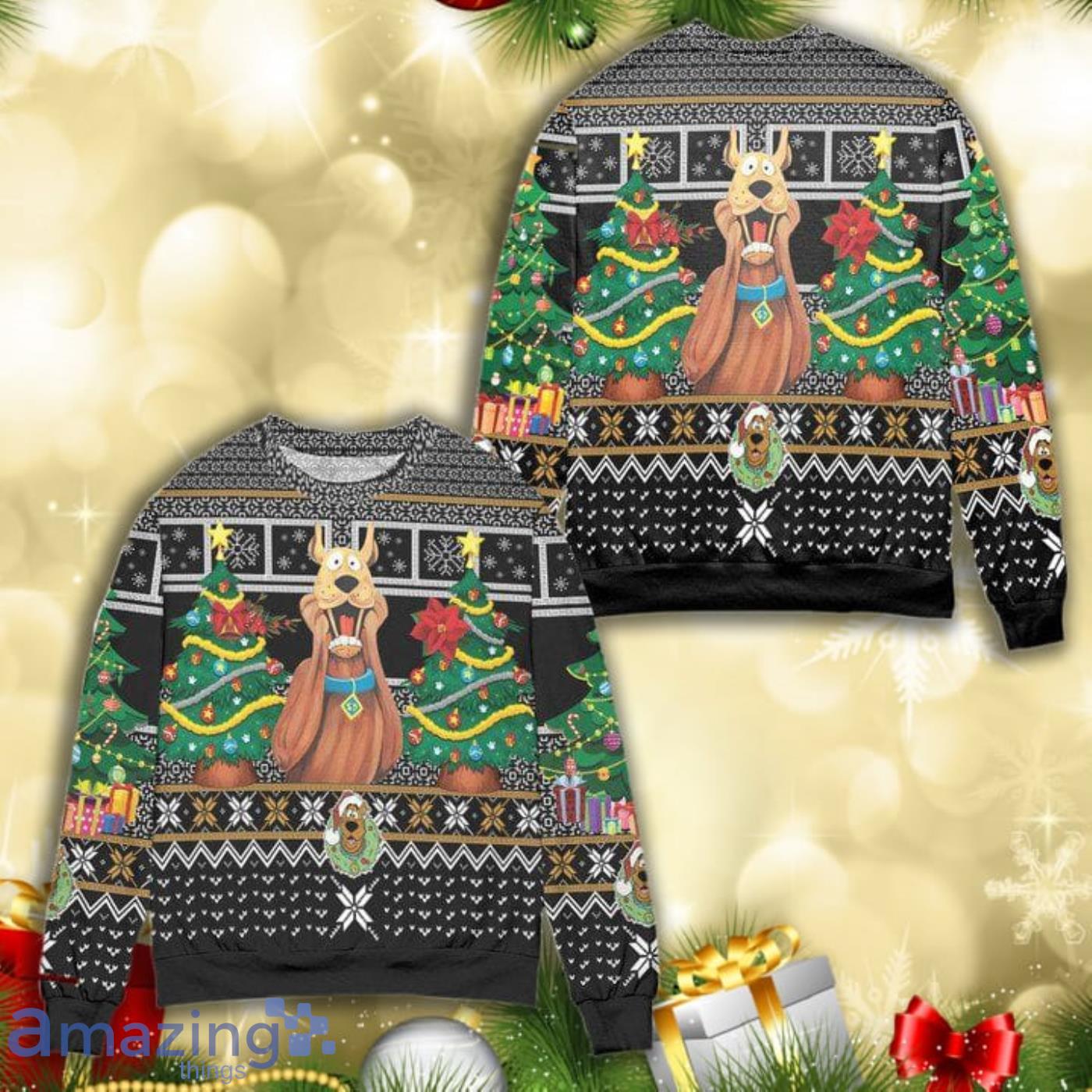 Santa Scoopy Doo And Christmas Tree Knitting Pattern 3D Ugly Christmas Sweater Product Photo 1
