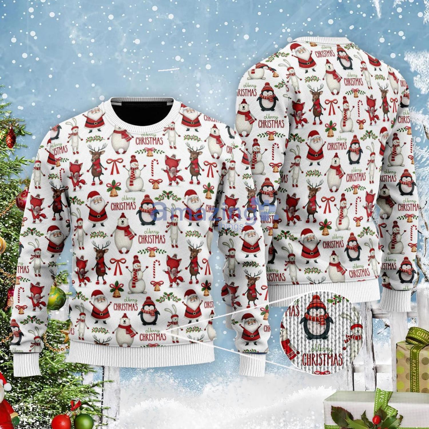 Santa Snowman And Frined Christmas Pattern Ugly Christmas Sweater Product Photo 1
